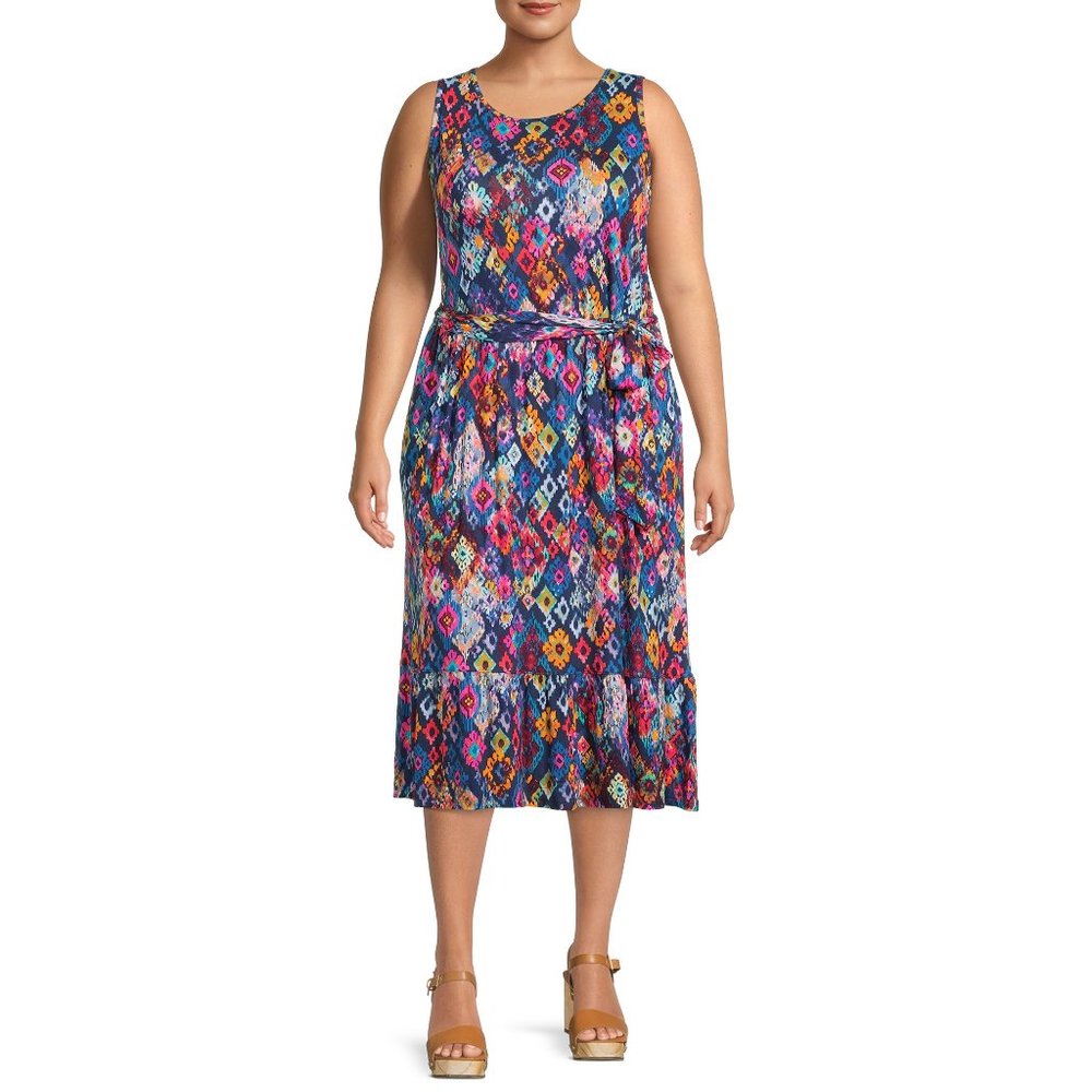 Abstract Ikat Midi Sleeveless Sundress  Blue Teal Sz 1X NWT